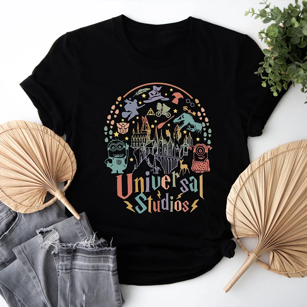 Amusement Park Element Casual Tee, Soft Watercolor Castle Cartoon Print Cotton Top For Theme Park Trip Daily Travel Outfits