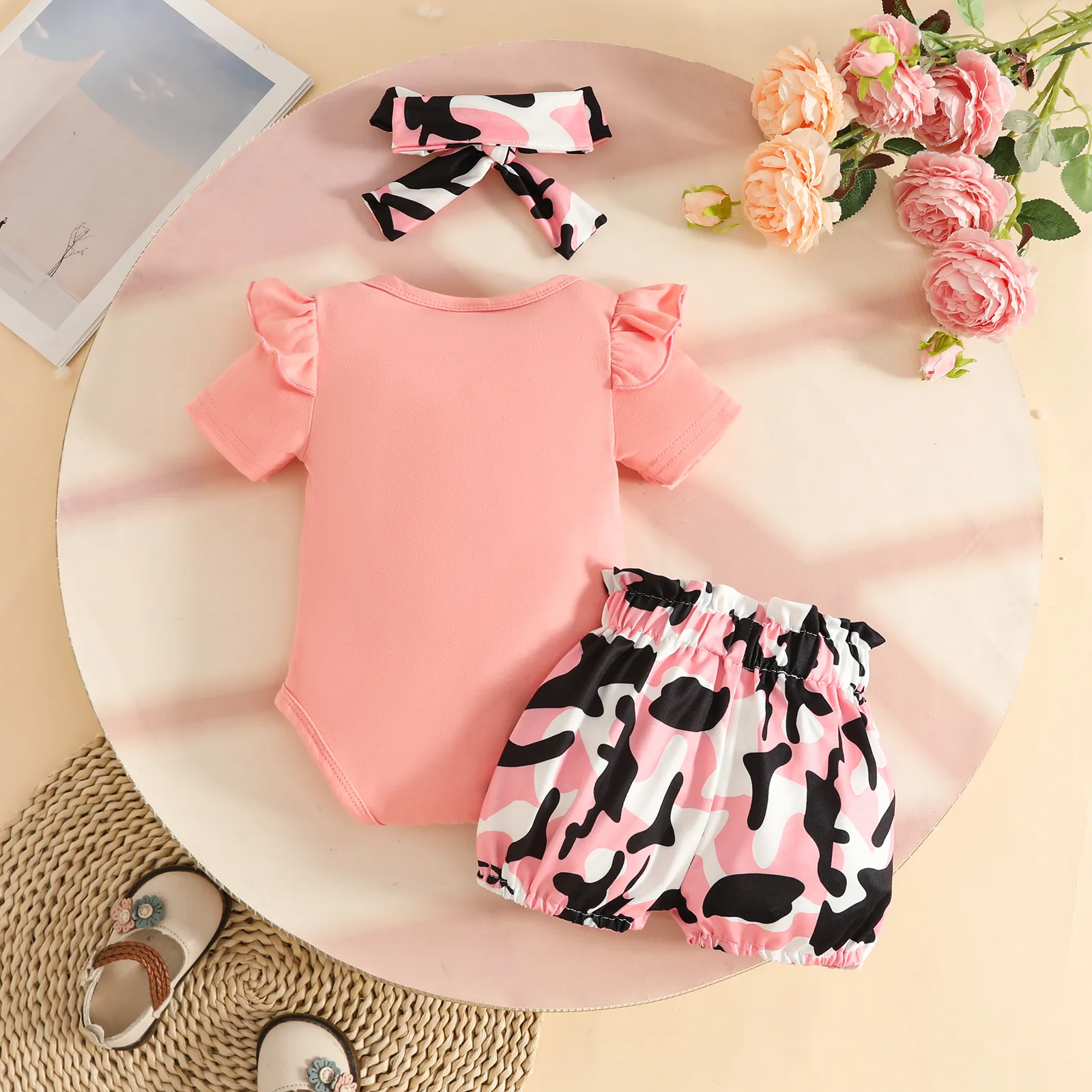 2026 الصيف طفلة القلب طباعة 3 قطعة مجموعة الوردي نيسيي عقال الزي ملابس الأطفال حديثي الولادة #2