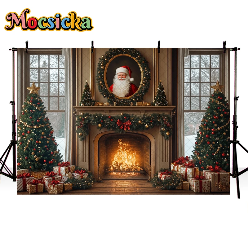 Mocsicka Indoor Christmas Photography Background camino babbo natale Xmas Tree Decor Kids Adult Family Photo Background Studio