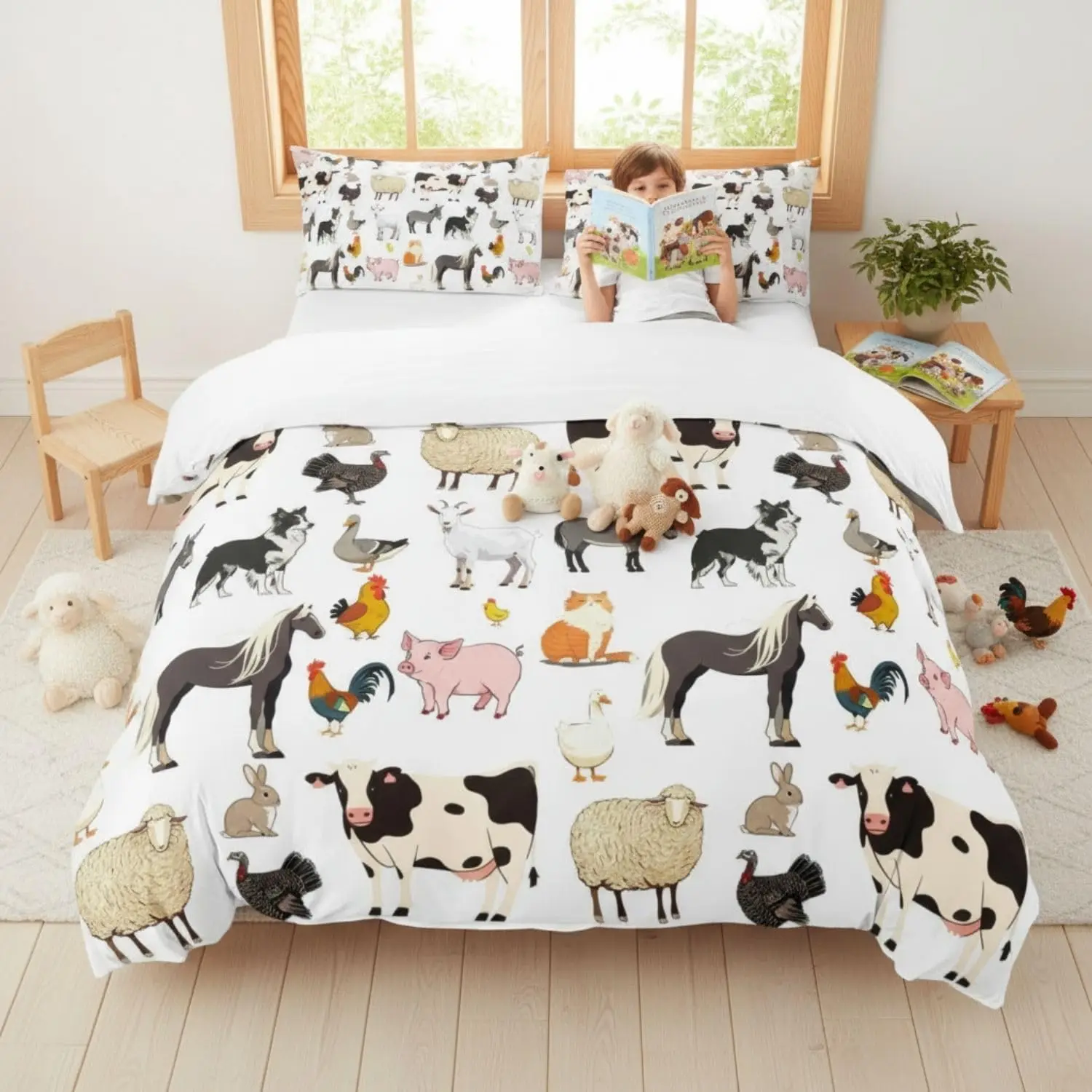 Farm Animal Junior Duvet Cover Set With 1 Pillowcase Cute Cow Horse Print Bedding Set For Kids Boys Girls Bedroom