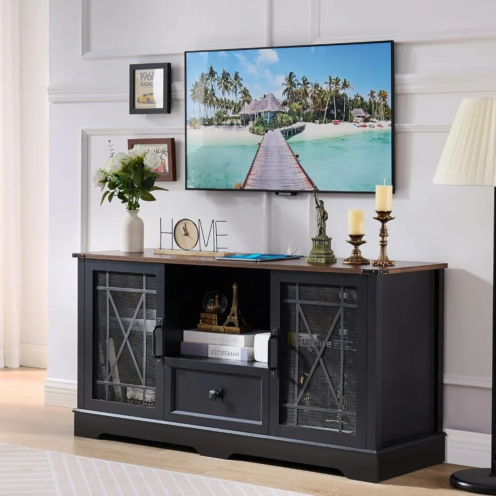 

Farmhouse TV Stand for Living Room ,TV Stand with Charging Station Modern TV Console 55'' Inch with Adjustable Storage Shelves