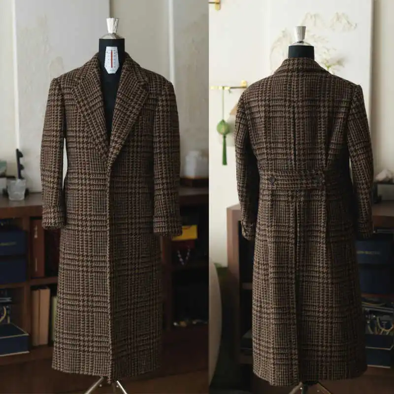 أنيق houndstooth و واحدة الصدر الرجال معطف طويل محززة التلبيب سترة السترة زائد حجم مخصص معطف قطعة واحدة