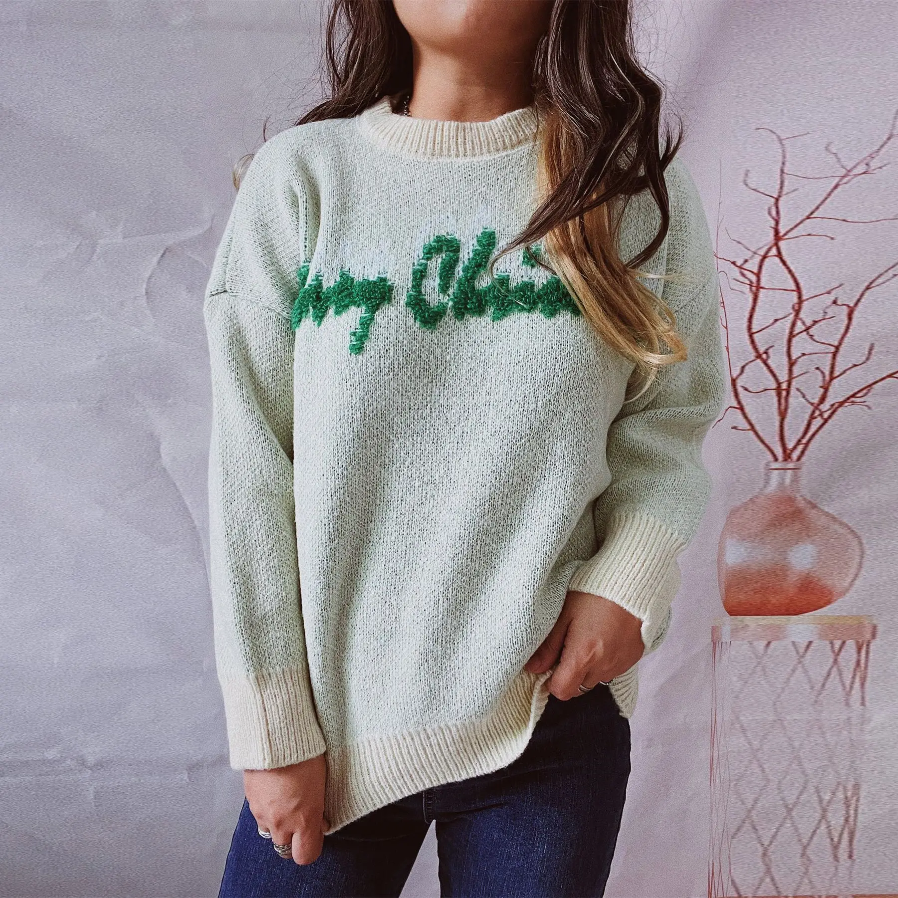 

2023 Autumn/Winter New Round Neck Long Sleeve Letter Tree Jacquard Knitted Christmas Sweater Pullover