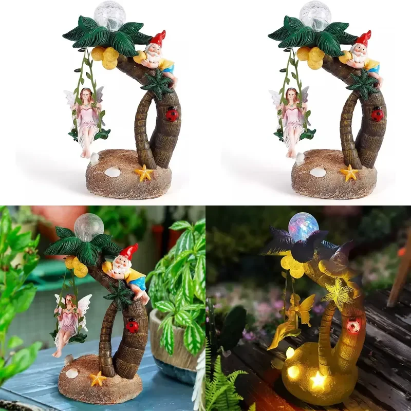 for  Large Garden Beautiful Fairy Gnomes Decorative Solar Lights Swinging Garden Home Handmade Resin Ornaments