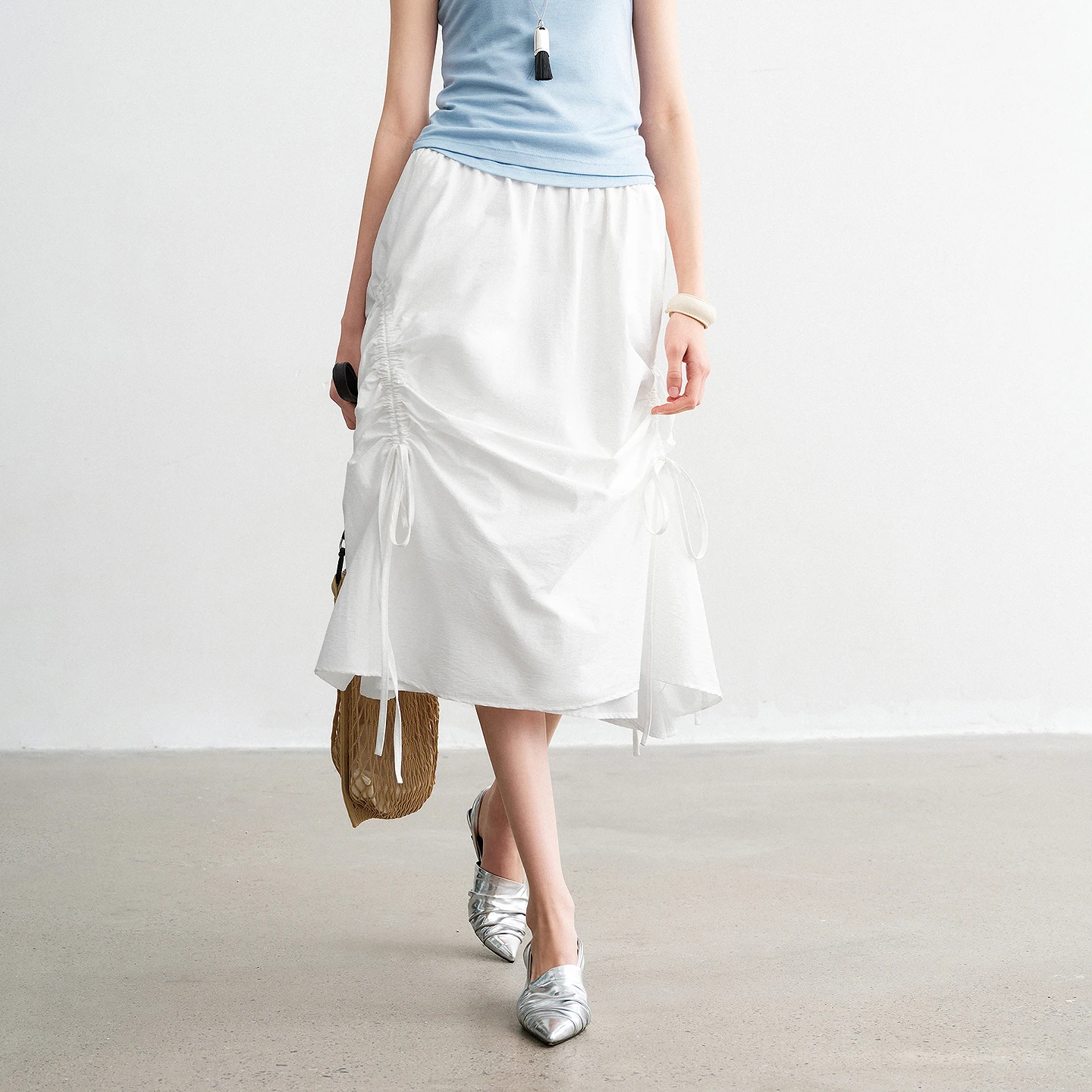 TOYOUTH Women Midi Skirts 2026 Spring New High-End Solid-Color A-Line Elastic-Waist Casual Skirts
