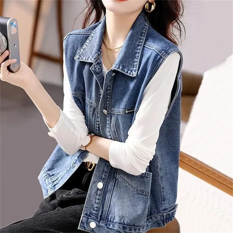 Spring Autumn Denim Vest Women Casual Top 2024 New Oversize Vintage Sleeveless Jean Waistcoat Short Jacket Female Outerwear 5XL