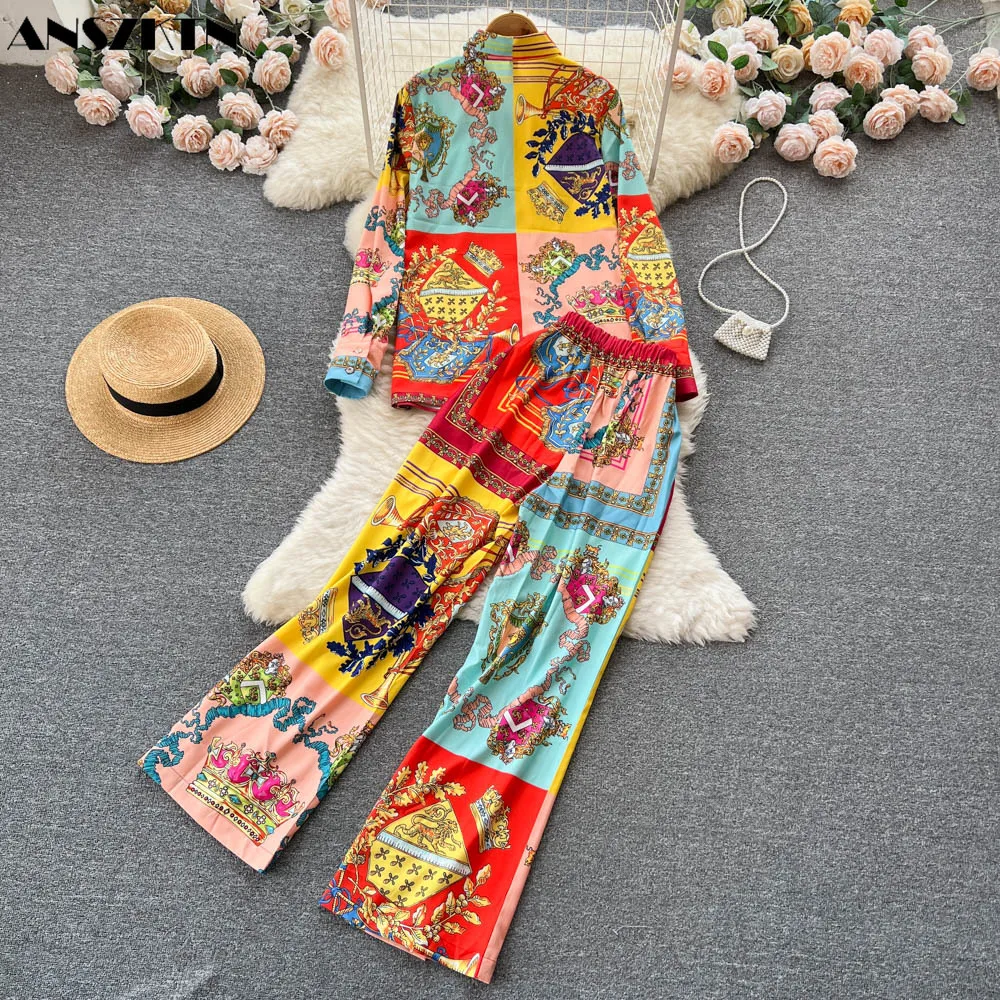 ANSZKTN Europe And The United States ANSZKTN Court Retro Print Shirt Wide Leg Casual Pants Two Piece Set