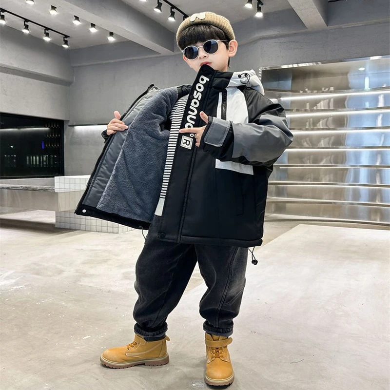 Plus Velvet Thicken Overcoat Boys Fleece Jackets 2024 new  Kids Windproof Hooded Cotton Clothing Winter Warm Teens Trench Coat