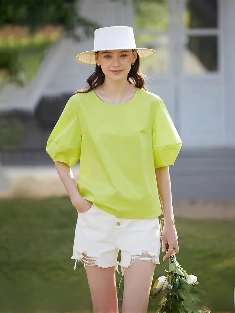 

Французская свободная хлопковая блузка с круглым вырезом и пышными рукавами для женщин, летняя новинка, удобная эластичная хлопковая блузка