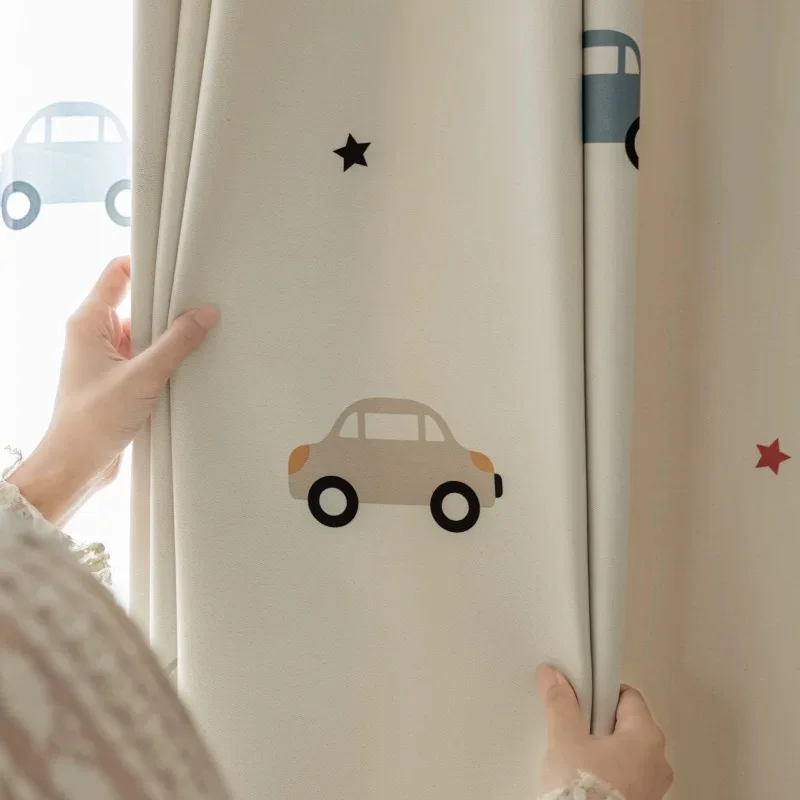 

1PC Cute Cartoon Car Children's Blackout Curtains, Beige Shading Curtains For Kids Bedroom Window Decoration, Tulle Curtains