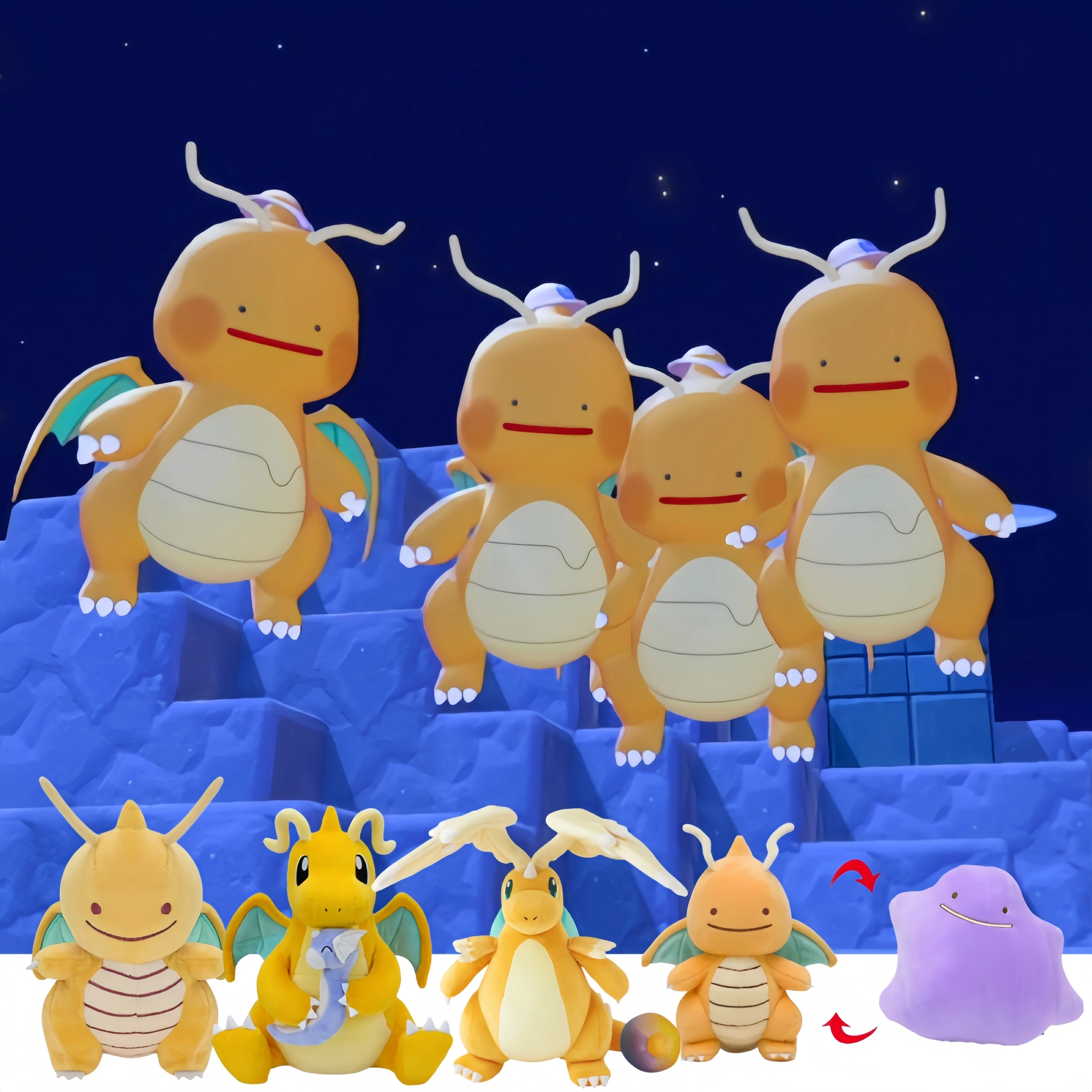 Pokémon Pokopia Dragonite Plüsch Ditto Transformation Serie Lapras Plüschtier Mega Dragonite Glurak Dragonite mit Dratini