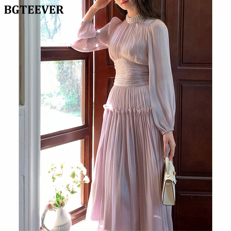 BGTEEVER Elegante Puff Sleeve Stehkragen Weibliche A-line Kleid Frühling Mode Schlanke Taille Damen Solide Mid-Länge Kleid