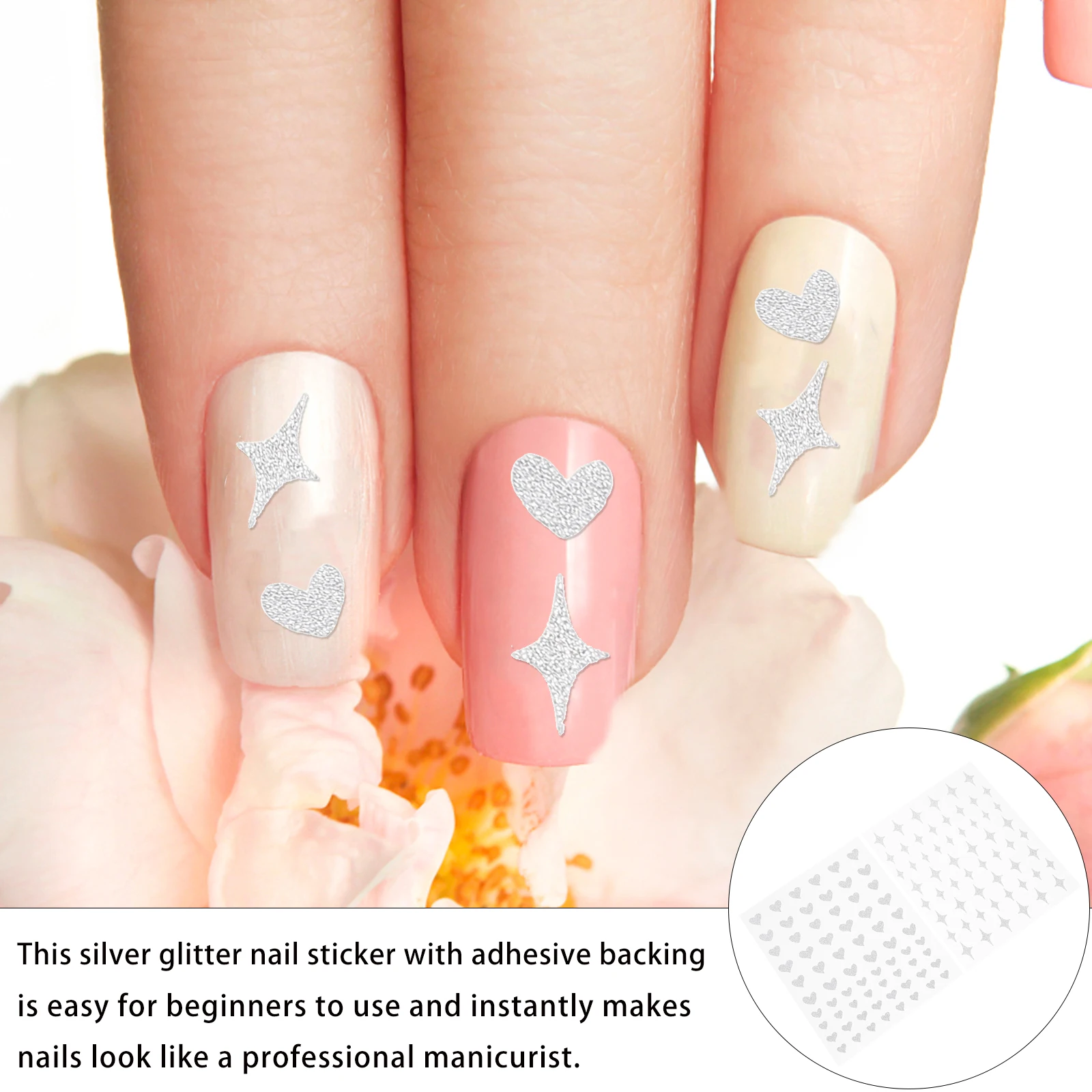 6 fogli di decalcomanie per unghie adesivi glitter argento adesivo per manicure a forma di cuore