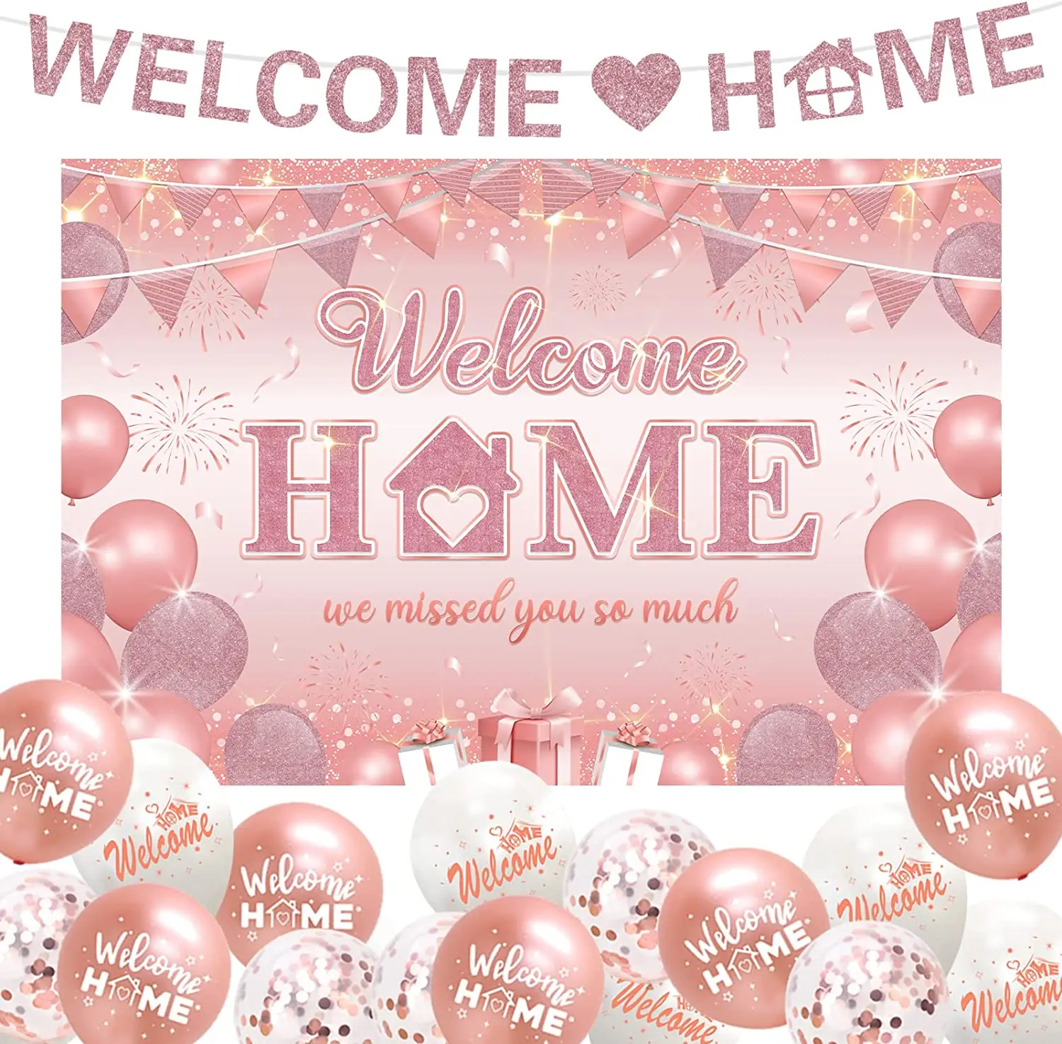 Glitter Backdrop for Welcome Home Decorations, Bunting Banner, Balloons for Family Return, Party Supplies, Rose Gold