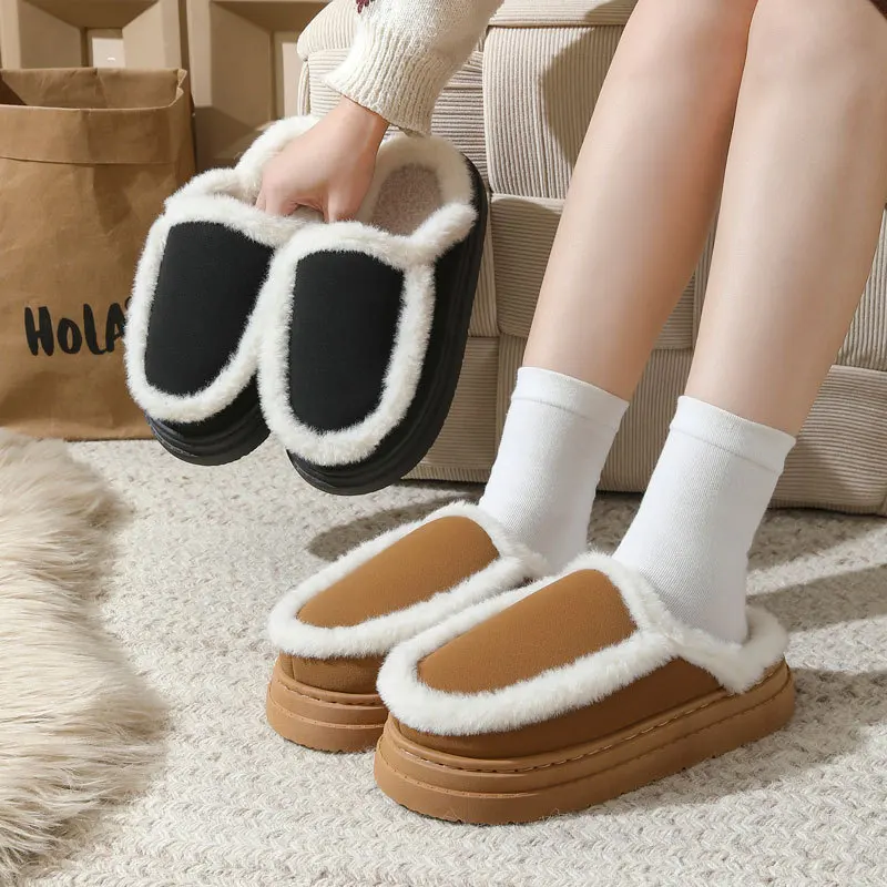

Plus Size Women's Faux Suede Fluffy Warm Non-Slip Platform Slippers Indoor Bedroom Plush Fur Slides Home Comfort