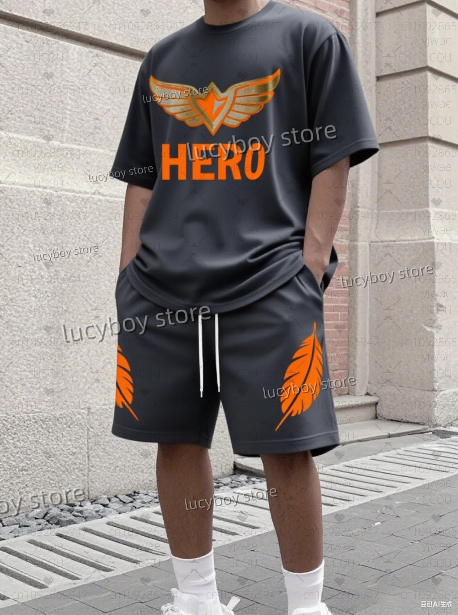 

2025 Summer Men HERO&feather Print Set Short Sleeve T-Shirt Shorts Set Adult Sport Jogging Plus Size Tracksuit 2 Piece Set