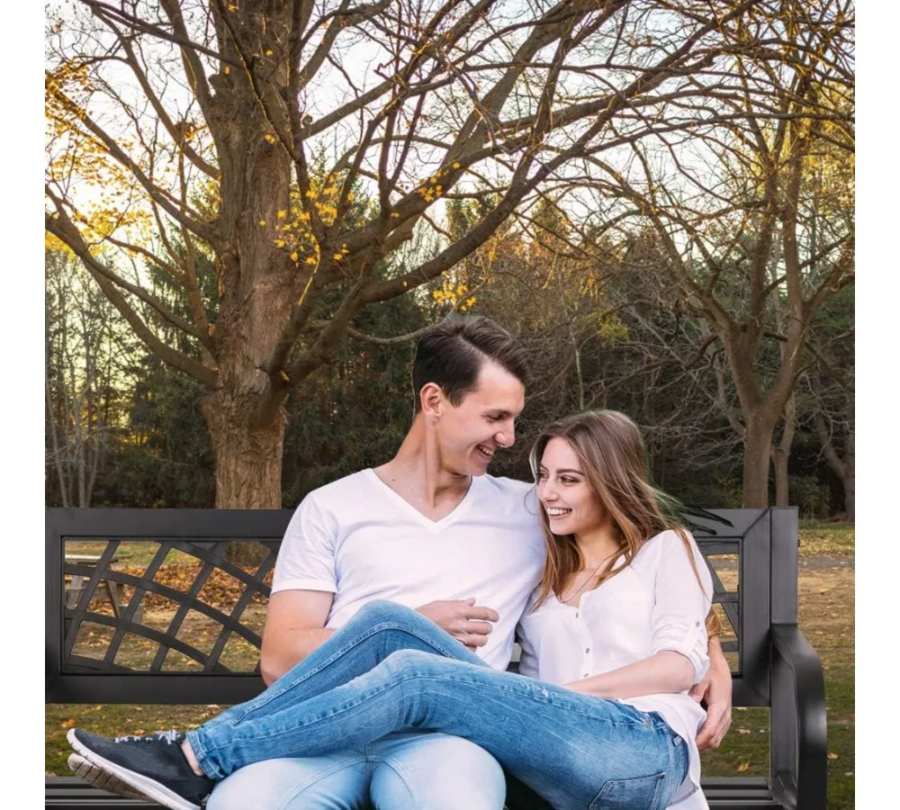 مقعد حديقة معدني قوي مع مسند ظهر بلاستيكي، أثاث فناء خارجي لمدخل الشرفة في الفناء، أسود #2