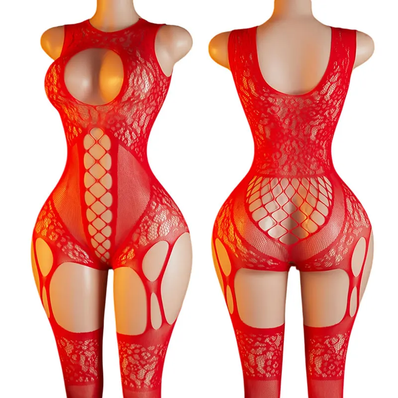 

Romantic Night Transparent Clothes Red Hollow Bra Crotchless Full Body Stockings For Sexy Woman Fishnet Underwear Open Bodysuit
