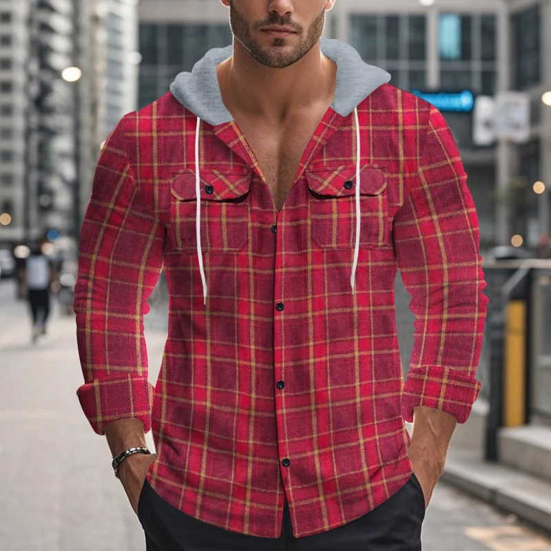 Vintage Mens Plaid Shirts Woolen Long Sleeve Button-up Hooded Cardigans 2024 Autumn Fashion Fleece Shirt For Mne Loose Cardigan