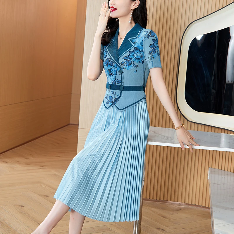 

Miyake Pleated Dress 2025 Summer New High-end Slimming Temperament Socialite Goddess Fan Pleated Printed Skirt Versatile