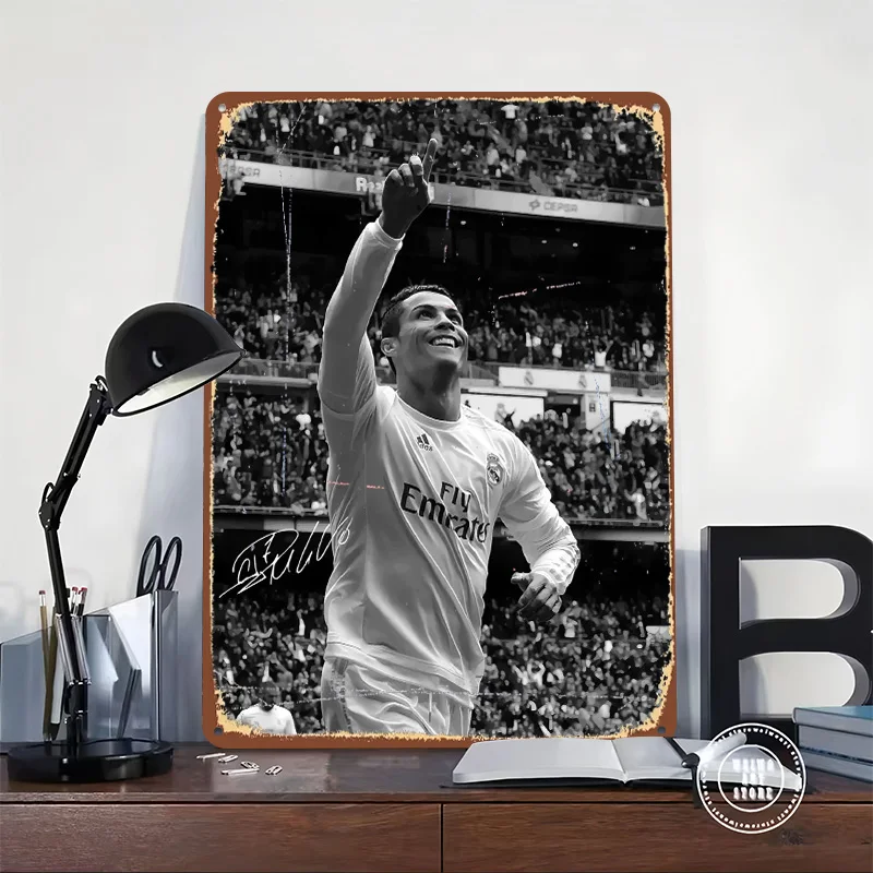 Messi Soccer Ronaldo Tinplate Poster Customized Wall Art Vintage Metal Signs Retro Tin Plaque for Office Decoration Room Decor