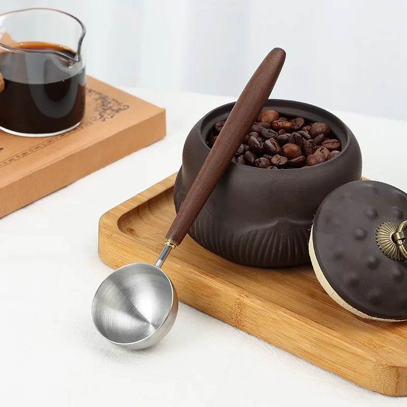 

New 25ml Wooden Handle Stainless Steel Coffee Scoop Tablespoon Measuring Spoon Walnut Wood Long Handle Coffee Spoons Cafe Tools