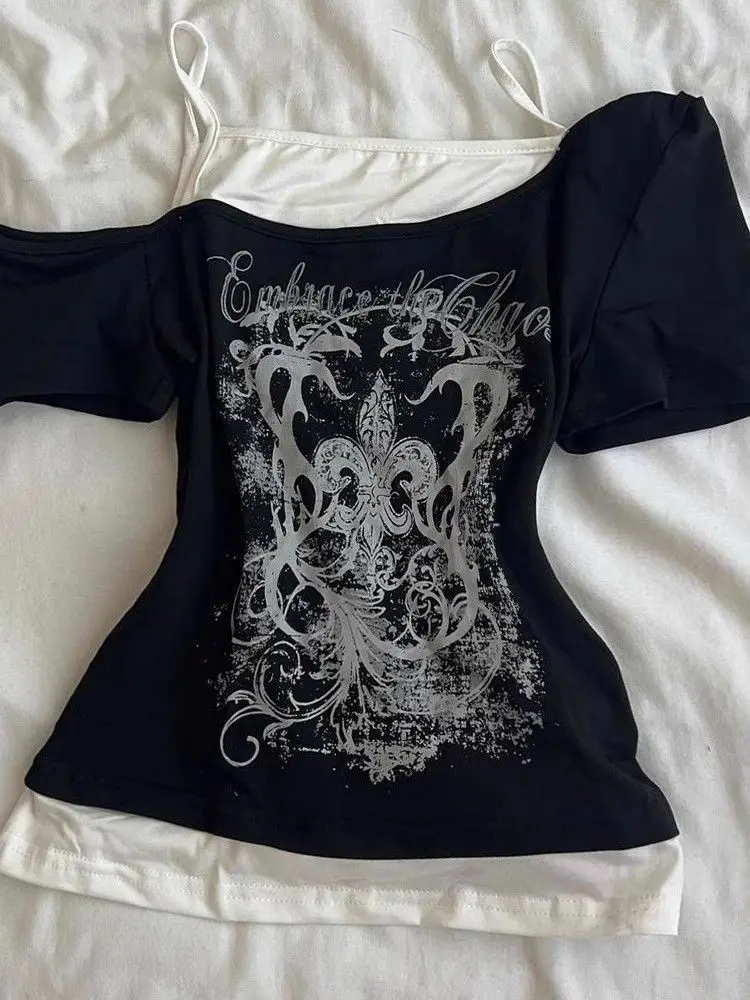 Y2k Fake 2 Pieces Off Shoulder T-Shirt Women Patchwork Streetwear Hip Hop Goth Harajuku Grunge Tops Vintage Print Tee Aesthetic image 2