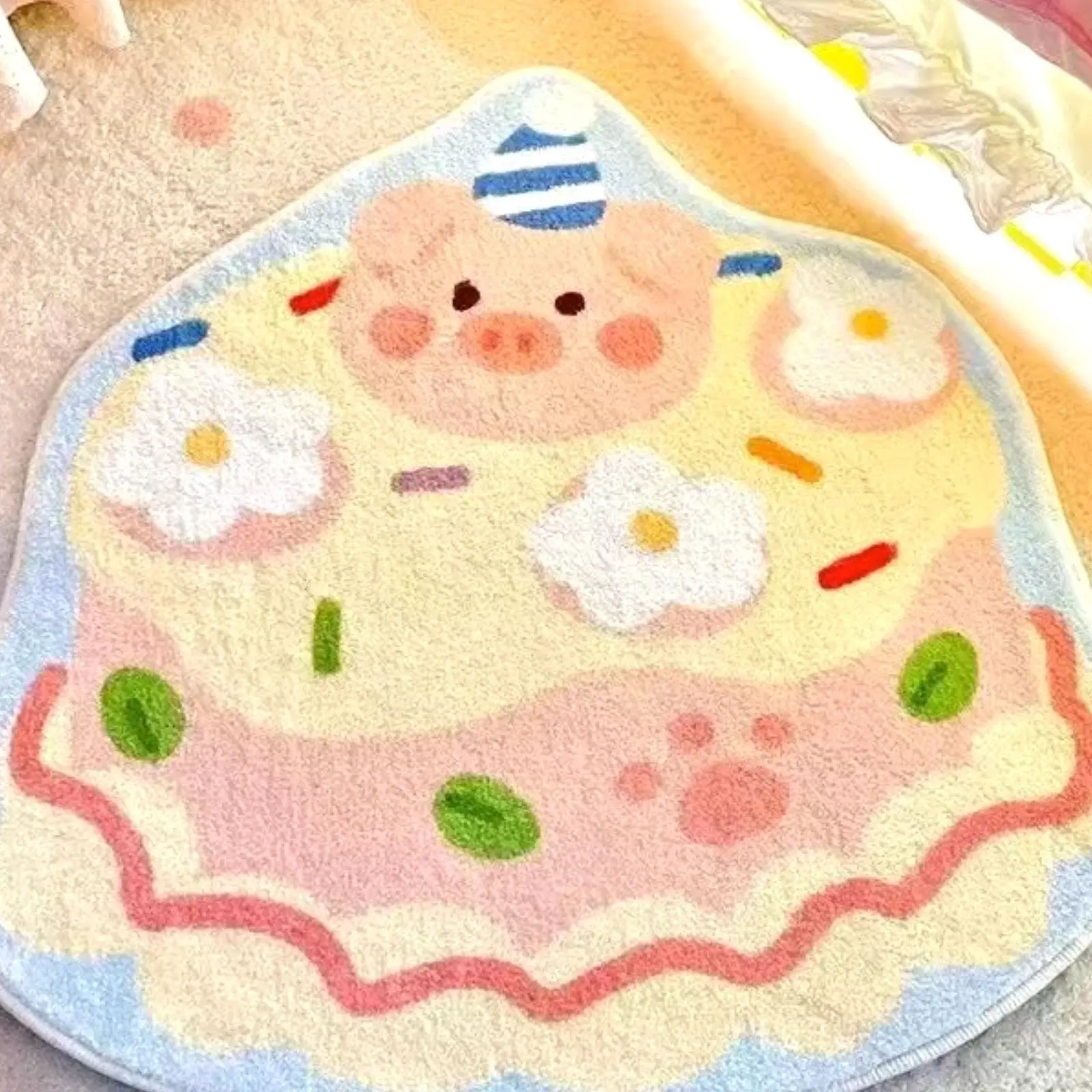 

Cute Fluffy Sweet Cake Shape Rug Living Room Sofa Floor Mat Non-slip Bathroom Mat Decor Carpet Soft Flannel Home Carpet Gift