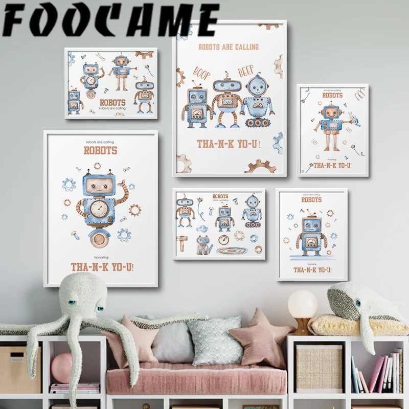 Cute Watercolor Robot Posters for Wall Kids Room Decoration Canvas Print Art Cute Decorative Pictures Nordic Paintings Bedroom