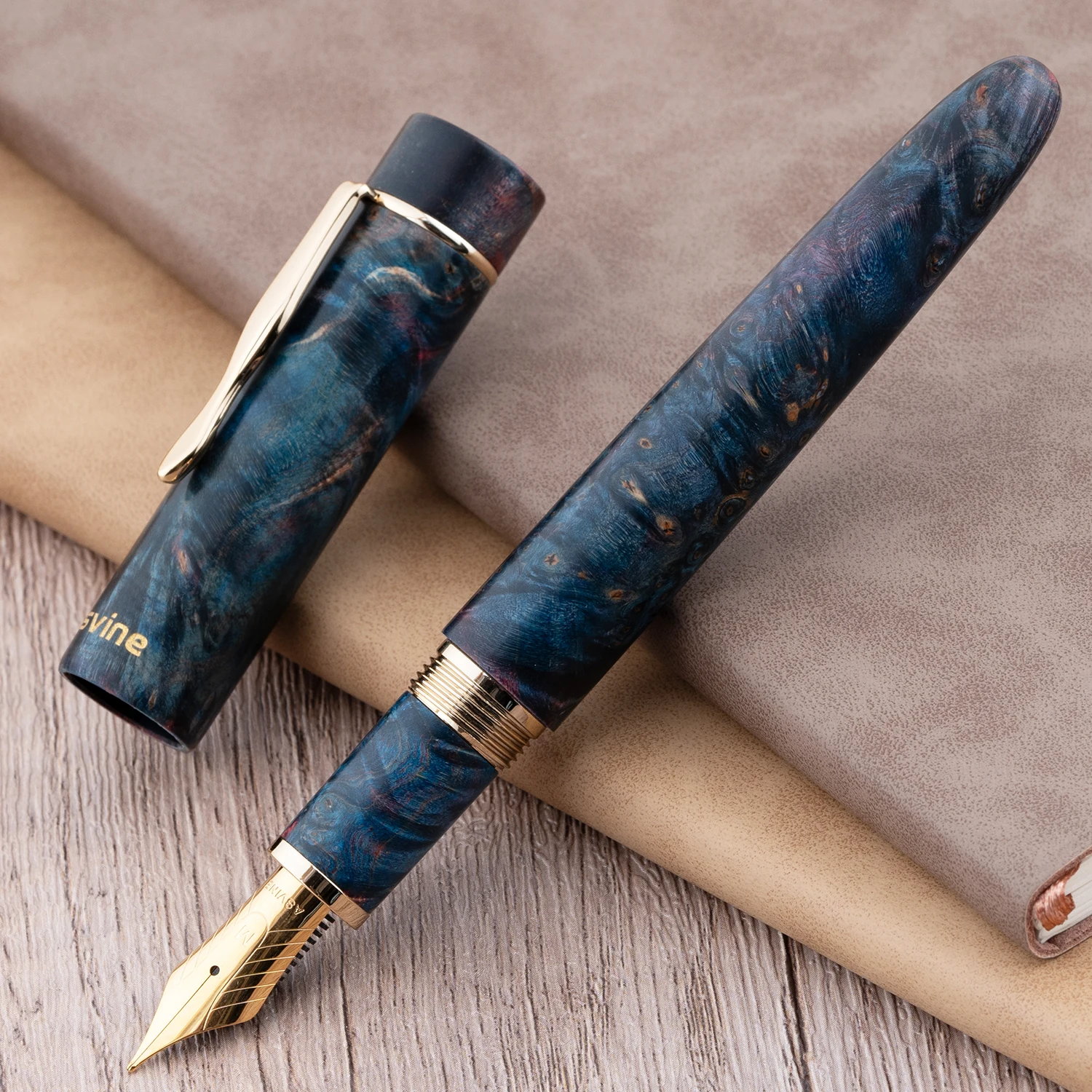 

Asvine C2000 Stabilized Wood Fountain Pen NO.8 EF/F/M/Stub 1.1 Nib, Dark Blue-Red Handcraft Large Size Writing Pen