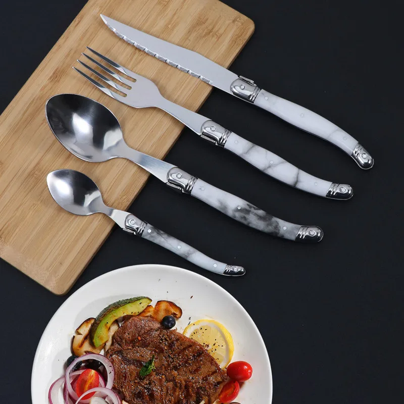 

3-4Pcs Stainless Steel Laguiole Cutlery Set Covered With Marble Plastic Flatware Set Dinner Knife Fork Spoon Xmas Gift Cutlery