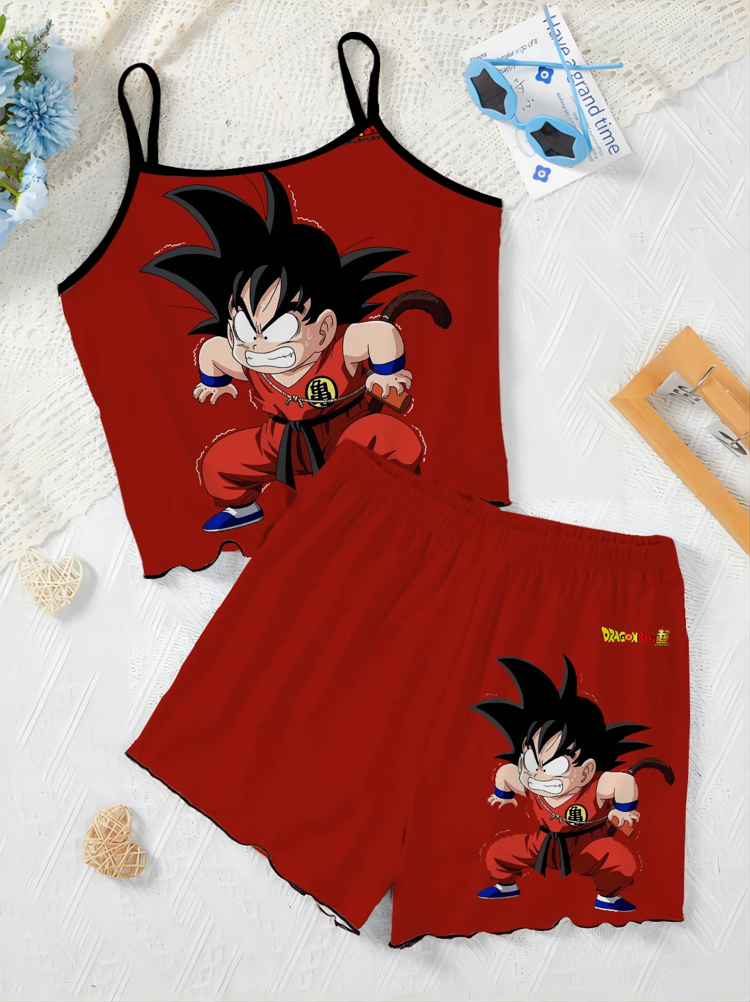 Elegant Women's Sets Slip Dress Top Two Piece Set T-shirt Son Goku Pajama Skirt Dragon Ball Lettuce Trim Pieces Short Suit Home