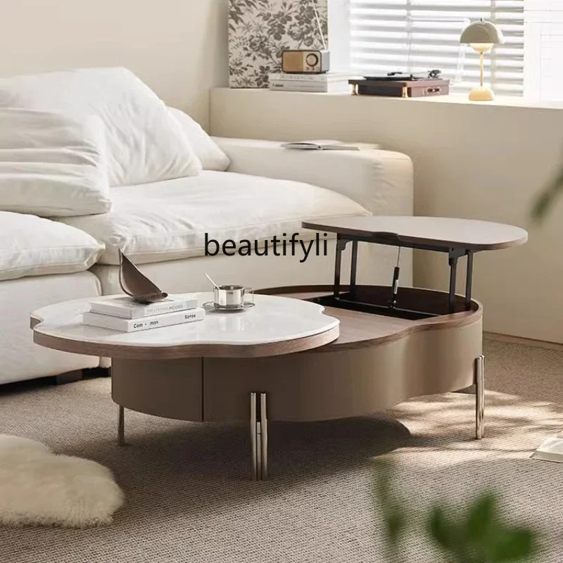 

Living Room Home Minimalist Stone Plate Marble Multi-Functional Solid Wood Lifting Clouds Small Coffee Table