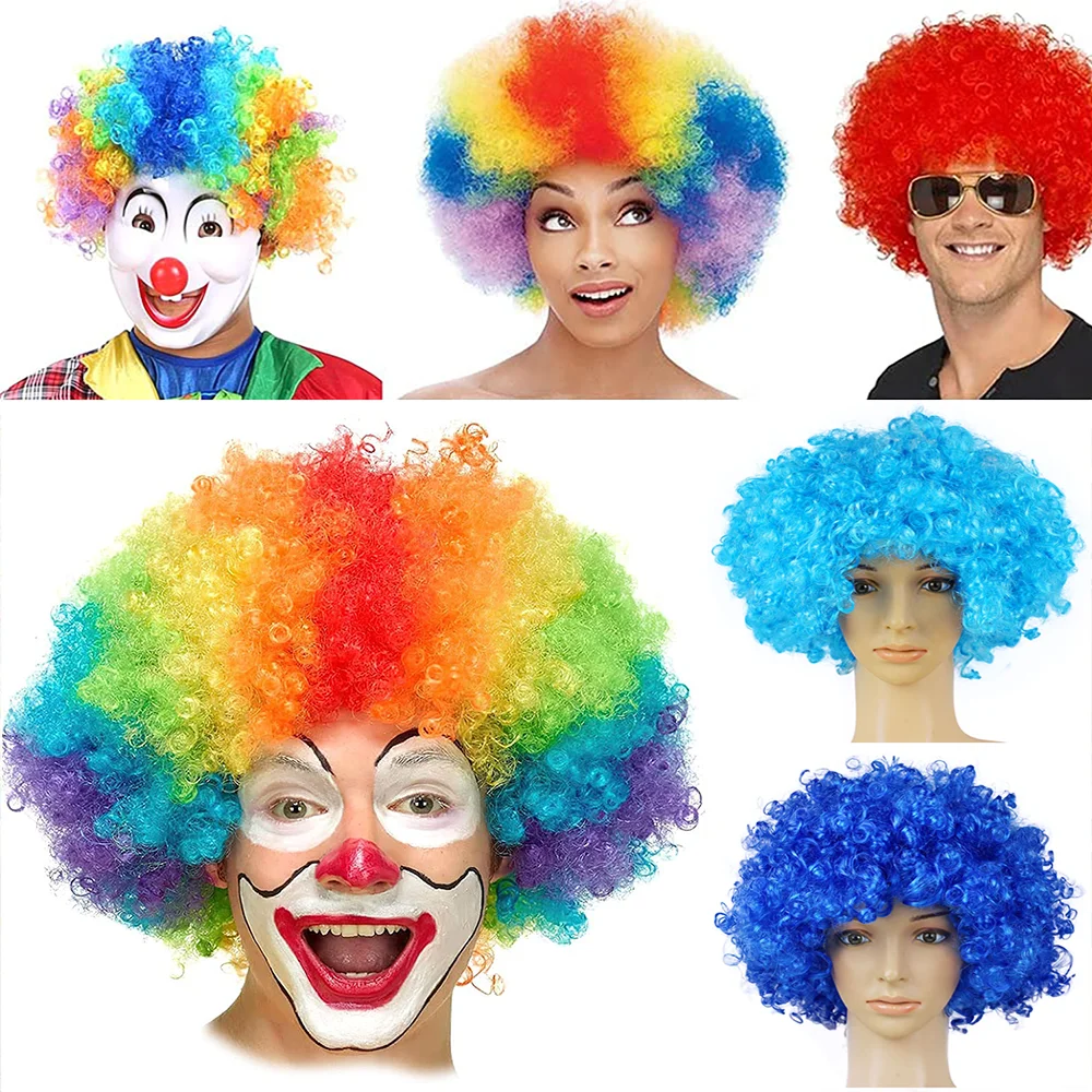 Clown Wig Afro Curly Synthetic Wigs Cosplay for Men Women Mardi Gras Party Wig Red Green Yellow Blue Colorful Wigs Clown Nose