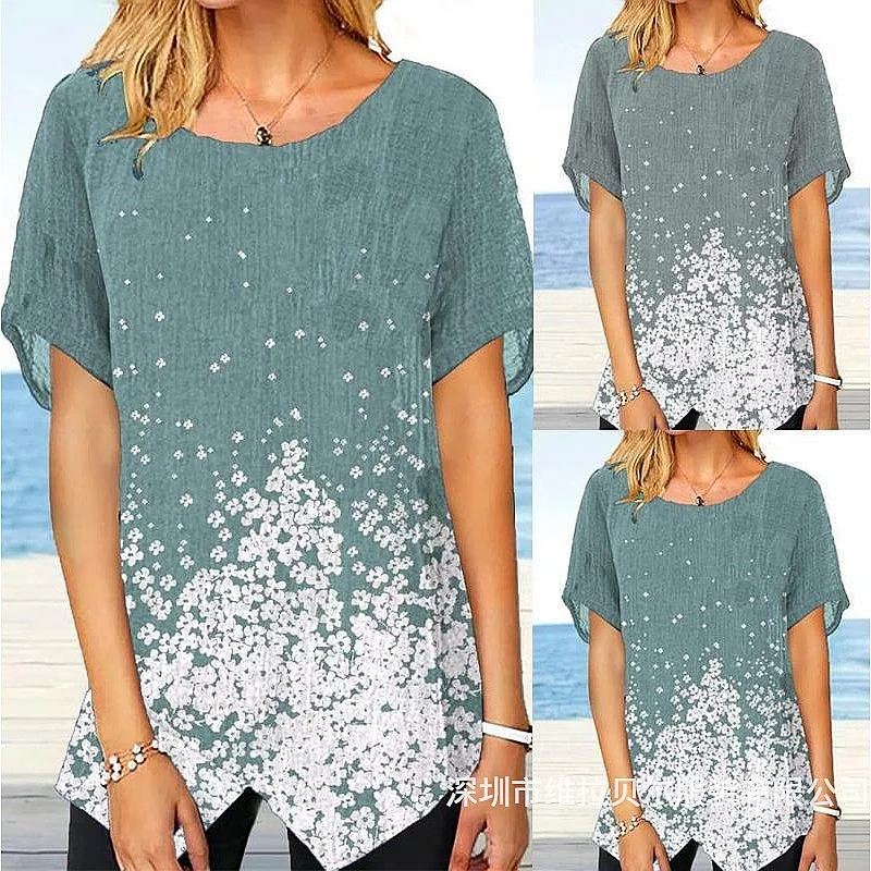 T-Shirt-Oberteile aus Baumwoll-Leinen mit Aufdruck, kurzärmelig, Rundhalsausschnitt, seitlich geschlitzte Blusenhemden, Frühling und Sommer