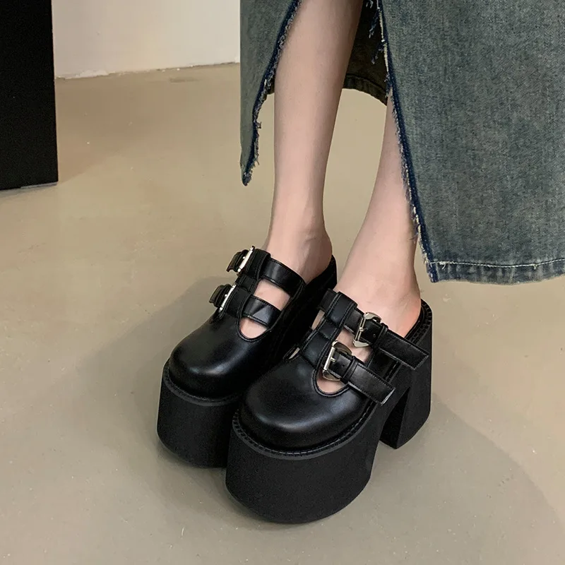 

Platform Chunky Heeled Sandals Women Closed Toe Super High Heels Mules Slip On Black Goth Punk Shoes Summer Slippers Big Size 42