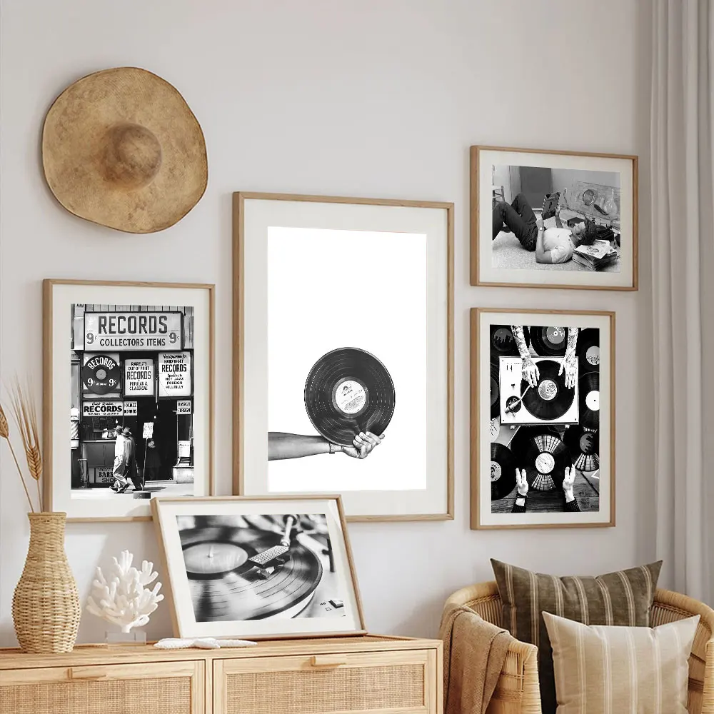 Vintage Music Vinyl Record Poster Wall Art Black and White Photo Headphone Radio Canvas Painting Prints Music Studio Room Decor