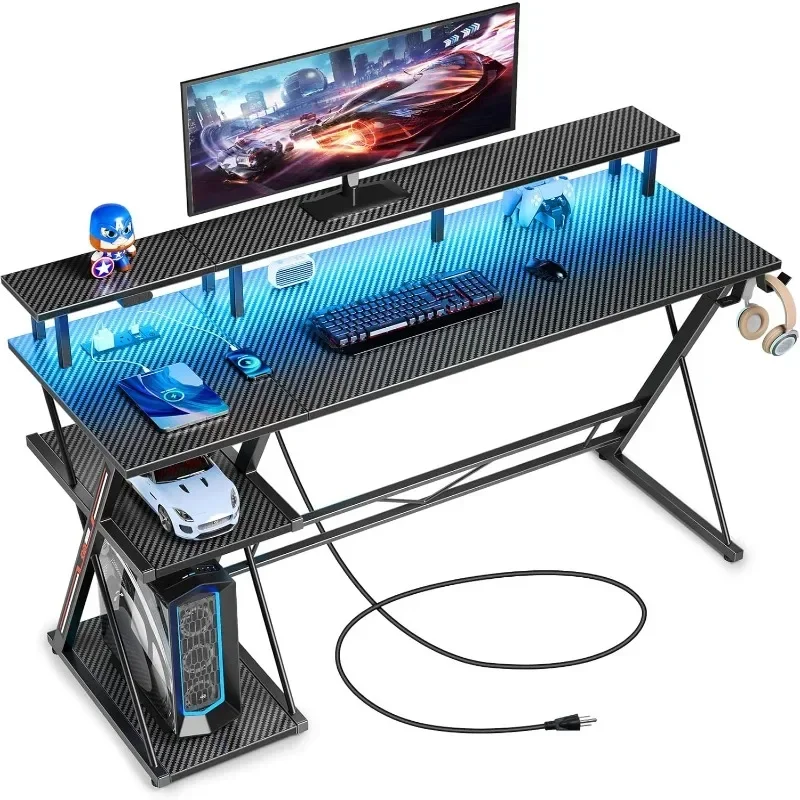 Gaming Desk with LED Lights & Power Outlets, 47