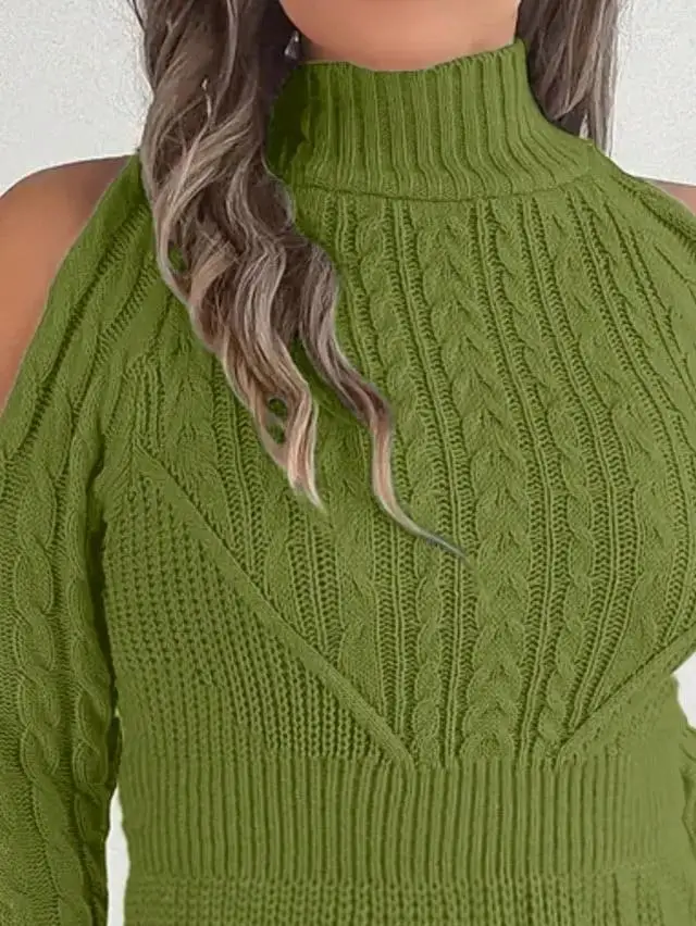 Women's Plus Size Knit Sweater Dress Sexy Cold Shoulder High Neck Autumn Winter Vintage Cable Knit Bodycon Dress Teal Green view 3