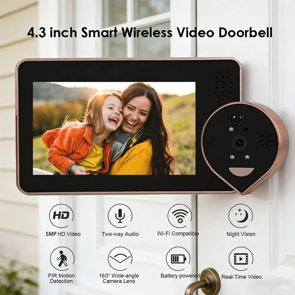 

Tuya Smart Home 5MP Wireless Security Video Doorbell with Bell 4.3 Inch LCD Screen Alexa 120° Wide Angle Peephole For Home