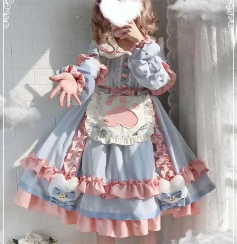 MAGOGO-vestido Lolita OP para mulheres, bonito azul e rosa, babados arco avental, vestidos de manga comprida, vestido kawaii para meninas