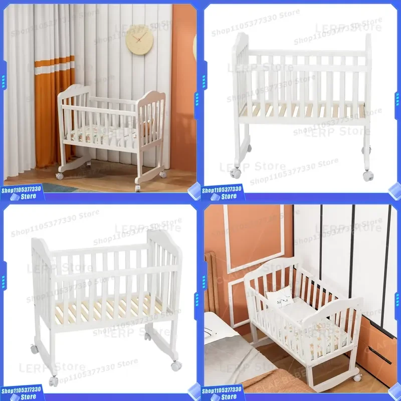 New Wooden Baby Crib Adjustable Height with Wheels Portable Infant Bed Solid Wood Nursery Furniture Safe Sleeping Cot for