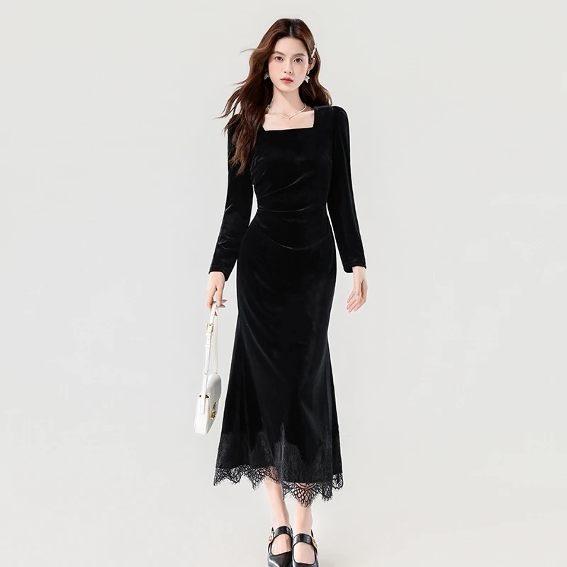 เดรสยาวแขนยาวผ้ากำมะหยี่สีดำ ปี 2025 แต่งลูกไม้เก๋ไก๋  ชุดราตรีหรูหราสง่างามสำหรับฤดูใบไม้ร่วงและฤดูหนาว  ชุดเดรสสไตล์วินเทจแบบเฮปเบิร์นสำหรับงานปาร์ตี้