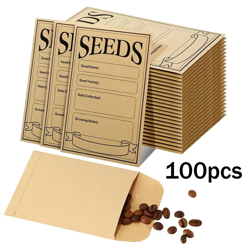 100Pcs Seed Envelopes 3.1X4.7 Inch, Seed Envelopes Brown Paper Seed Packets Envelopes For Storage Vegetable Preprinted Designs