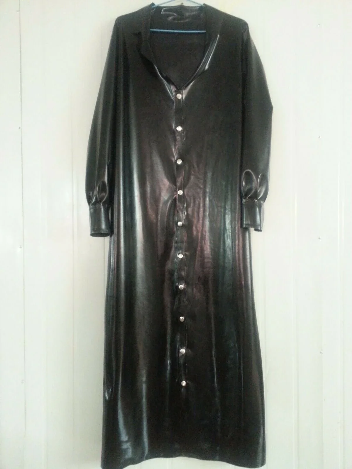 

100% Latex Long Trench Coat Rubber Leisure Black Button Jacket Size XS-XXL