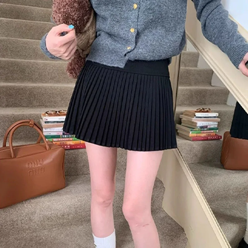 여성 가을 ​​새로운 모직 플리츠 스커트 한국어 하이 웨이스트 슬리밍 미니 스커트 여성 편안한 신축성 데일리 a 라인 스커트