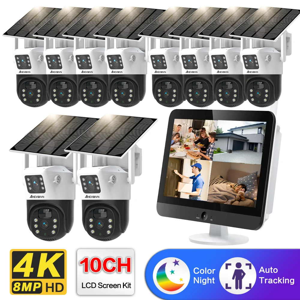 

4K Solar CCTV Video Surveillance System 10CH 12.5" NVR Set Outdoor 8MP Wifi PTZ Security Camera System Set 8CH Auto Tracking