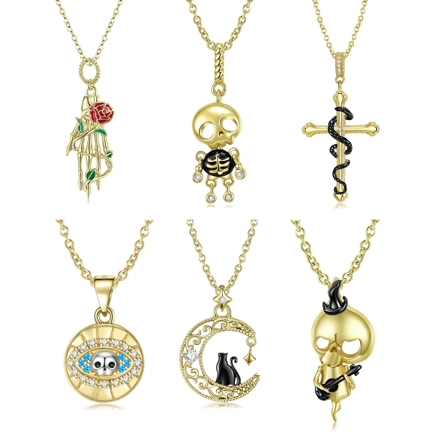 JIUHAO Collana con ciondolo 100% argento sterling 925 Teschio dorato Evil Eye Collana a mano rosa per gioielli da donna