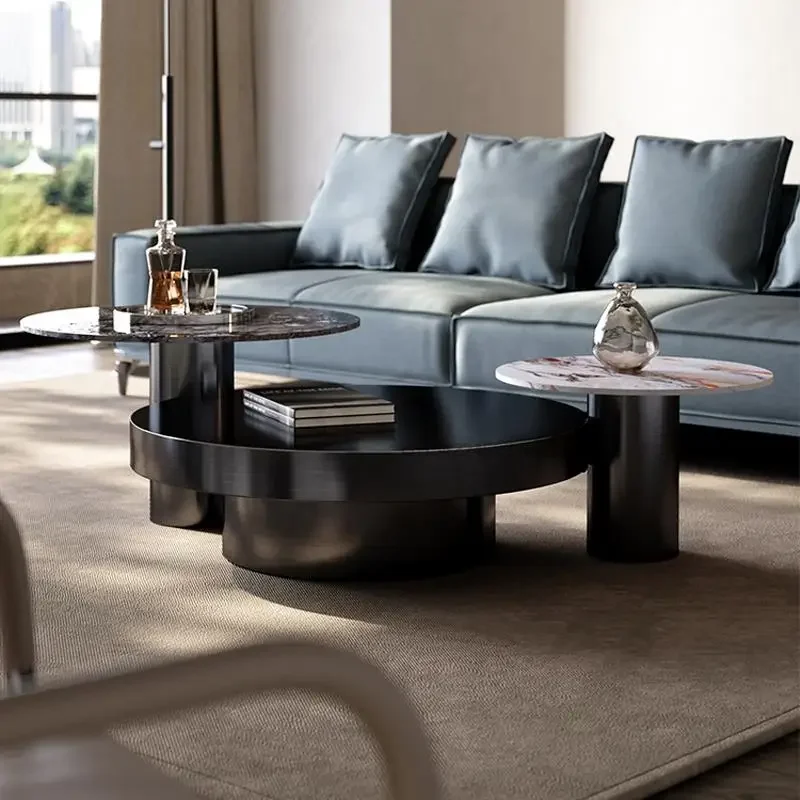 Luxury Living Room Furniture Stable Stainless Steel Frame Combination Of Tables Black Or Gold Coffee Table With Two Side Tables