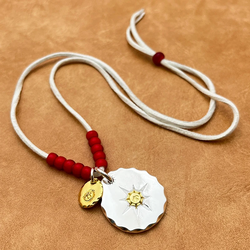 Sun Wheel Medallion Pendant Deerskin Necklace Handmade Red Lampwork Beads Silver Plated Goros Western Southwest Unisex Fashion J